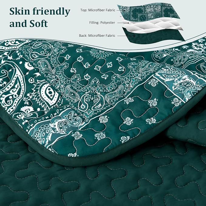 Cottolester Queen Quilt Set 3 Pieces, Emerald Green Patchwork Quilt Set - Image 3