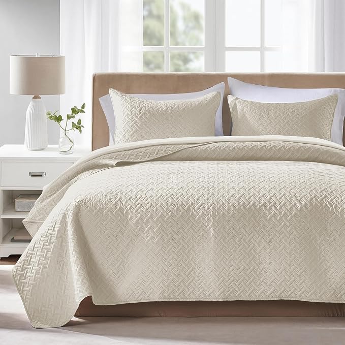 FLYMME Quilts Queen Size, Lightweight Cream Bedspreads, Basket Weave Pattern by FLYMME