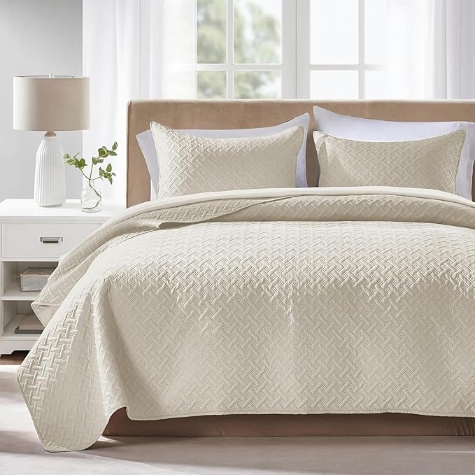 FLYMME Quilts King Size, Lightweight Cream Bedspreads, Basket Weave Pattern by FLYMME