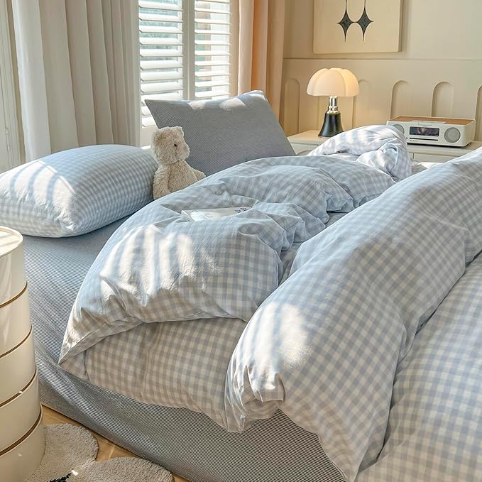 mixinni Light Blue Gingham Duvet Cover Set Twin XL Size - Image 2