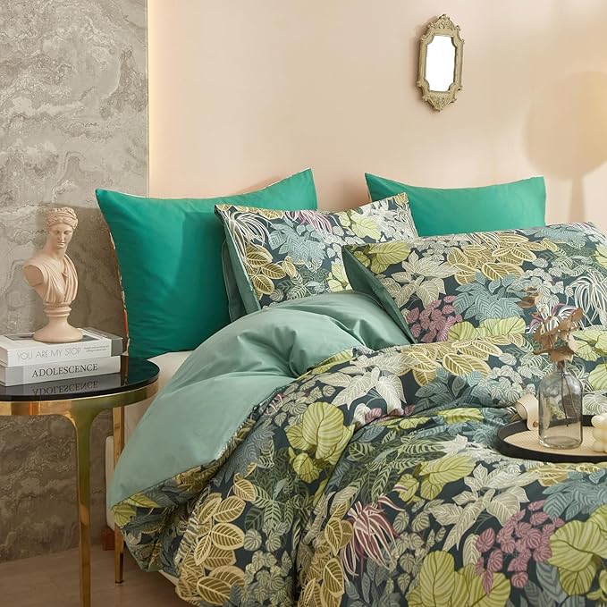 mixinni 100% Cotton Tropical Botanical Green Leaves Duvet Cover Queen Tree - Image 3