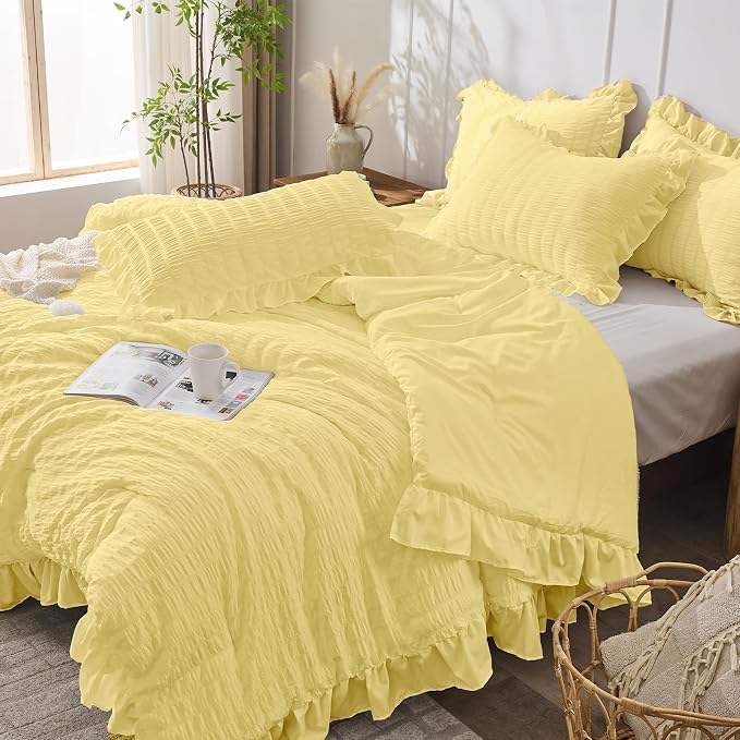 JOLLYVOGUE Twin Size Comforter Set, 2 Pieces Light Yellow Seersucker - Image 7