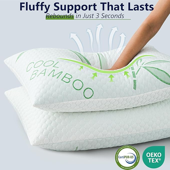 Memory Foam Pillows, Cooling Pillows Queen Size Set of 2 Adjustable Firm Bamboo - Image 4