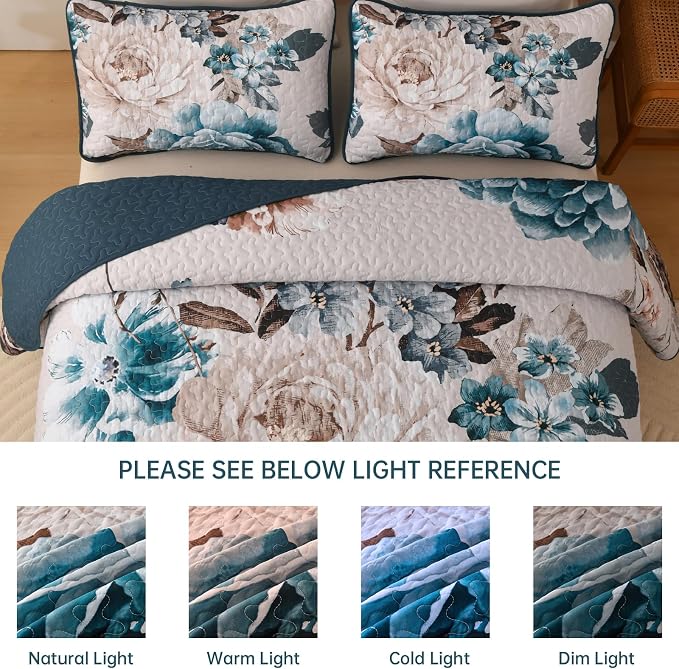 WONGS BEDDING Aqua Floral Quilt Set King, 3 Pieces Reversible Lightweight - Image 8