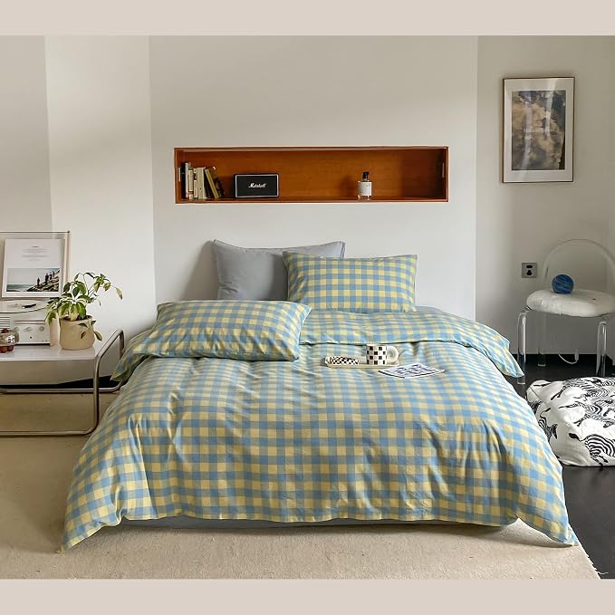 mixinni Plaid Duvet Cover Set Queen Yellow - Image 6