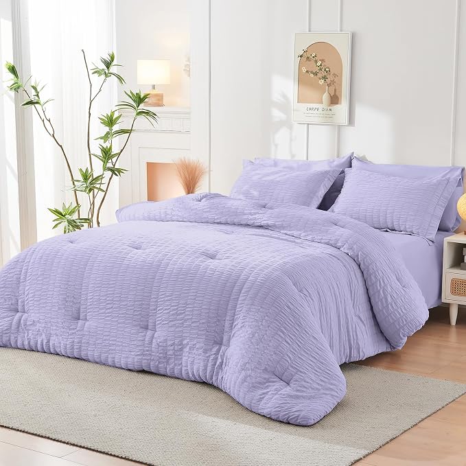 HYMOKEGE Light Purple Full Size Comforter Sets Seersucker 7 Pieces, All Season - Image 8