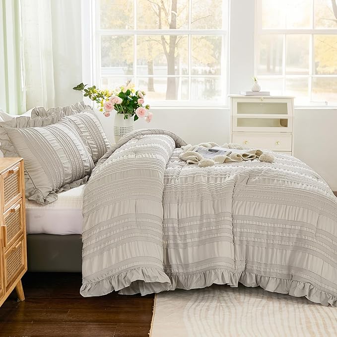 WONGS BEDDING Grey Textured Comforter Set King, 3 Pieces Ruffle Farmhouse - Image 3