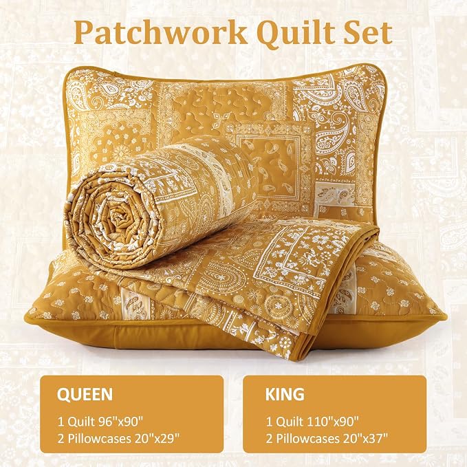 Cottolester Boho Quilt Set King Size, 3 Pieces Yellow Patchwork Paisley Quilt - Image 6