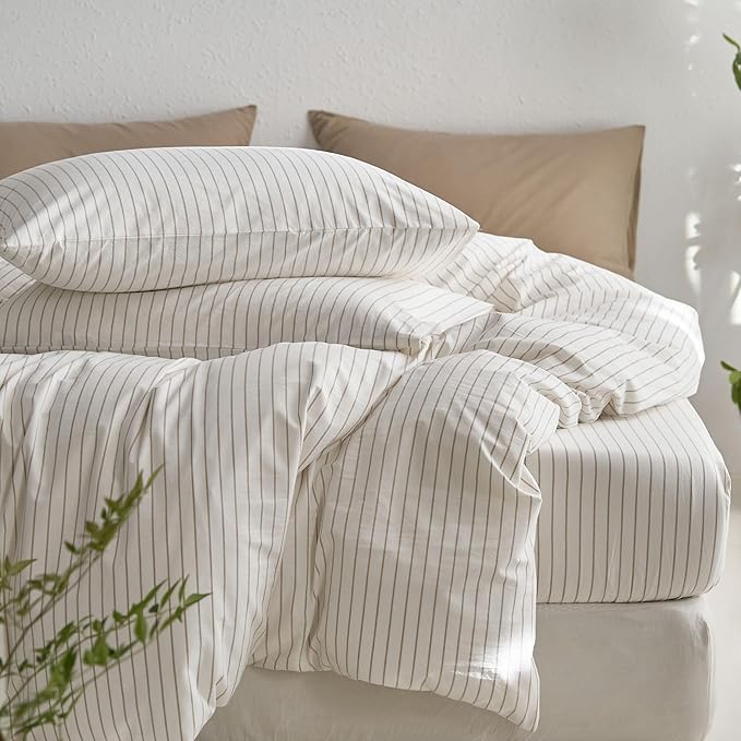 MooMee Striped Duvet Cover Set 100% Washed Cotton Linen Like Textured - Image 5