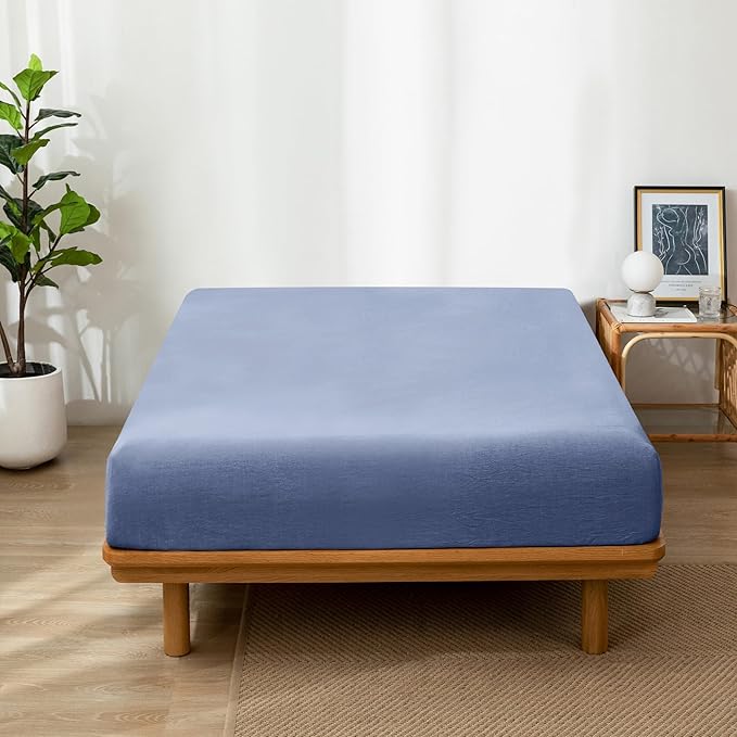 MooMee Fitted Bottom Sheet Only 100% Washed Cotton Linen Like Textured - Image 3