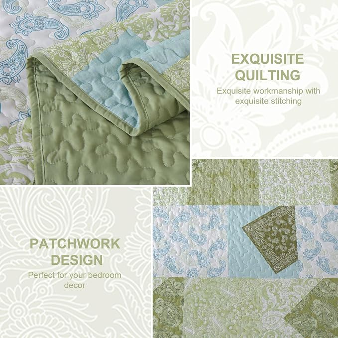 Mybedsoul Patchwork Quilts Queen Size, Soft Sage Green Paisley Floral Queen - Image 4