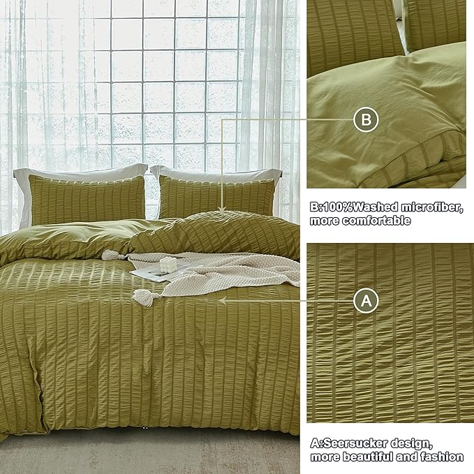 AveLom Olive Green Seersucker Duvet Cover Set Queen Size, 3 Pieces, Ultra Soft - Image 7