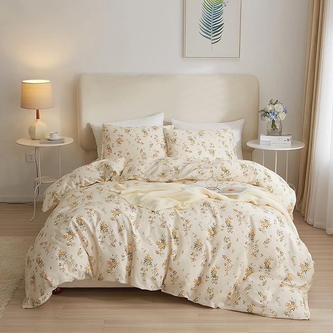 mixinni Aesthetic Floral Duvet Cover Set King Size, Farmhouse Boho Yellow by mixinni