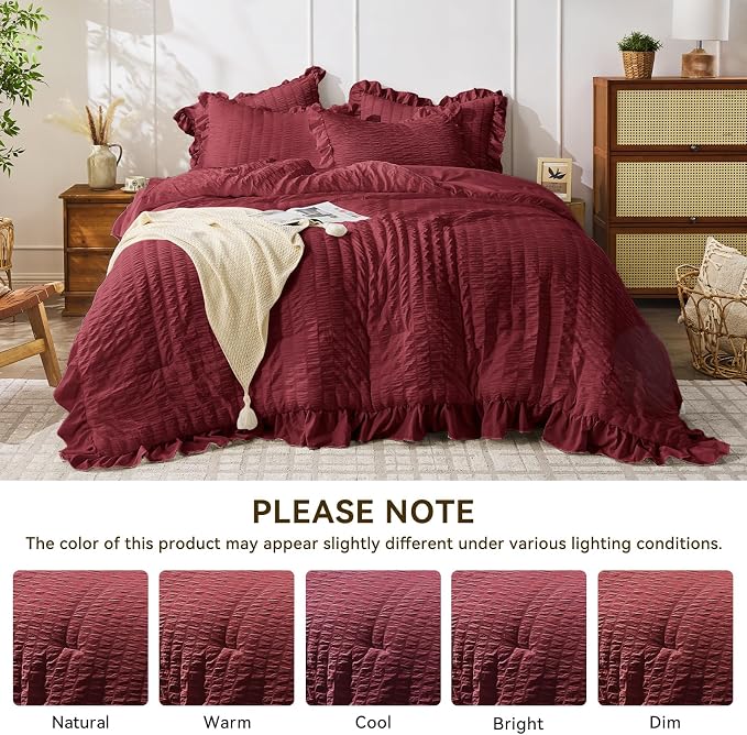 JOLLYVOGUE King Size Comforter Set, 3 Pieces Burgundy Seersucker Comforters - Image 8