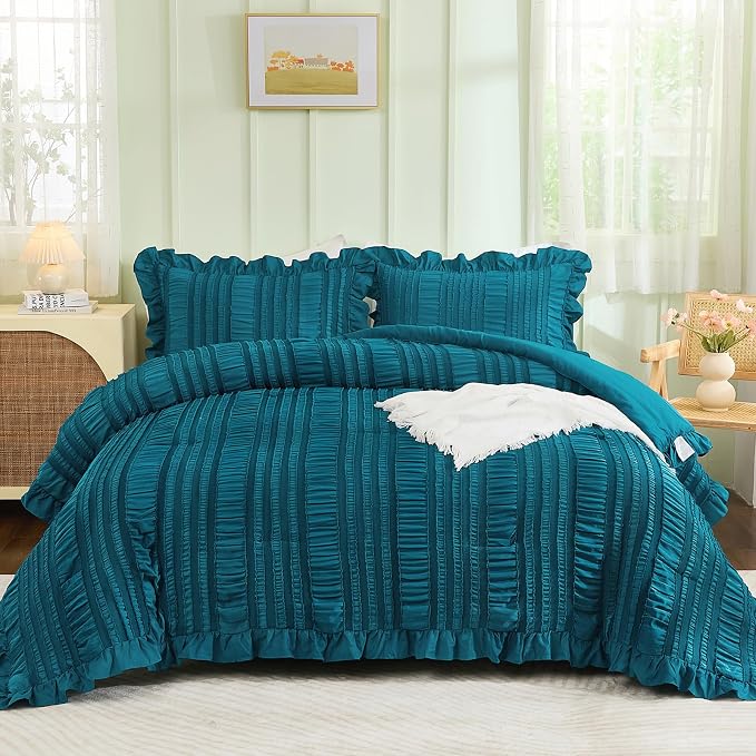 WONGS BEDDING Teal Comforter Set King, 3 Pieces Ruffle Farmhouse Shabby Chic - Image 4