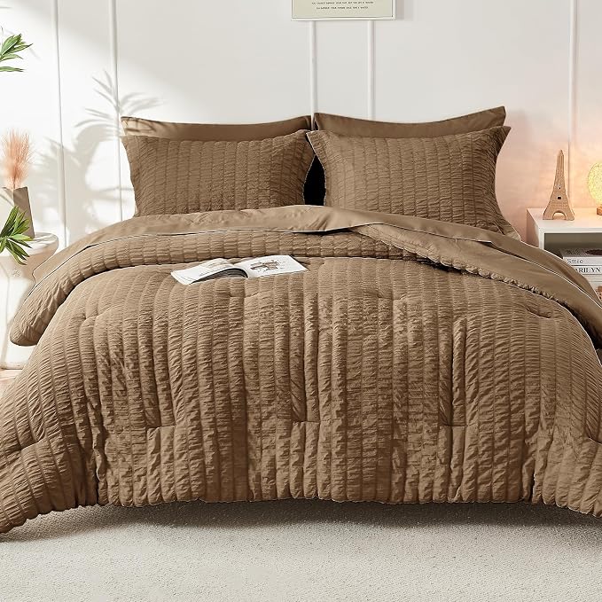 HYMOKEGE Brown California King Comforter Set Seersucker 7 Pieces, All Season - Image 9