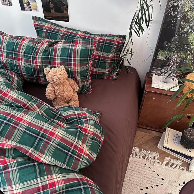 mixinni Vintage Green Buffalo Plaid Washed Cotton Duvet Cover King - Image 4