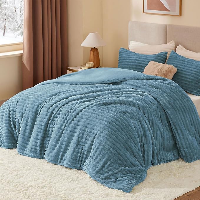 BEDELITE Fleece King Comforter Set -Super Soft & Warm Fluffy Blue Fog Bedding - Image 2