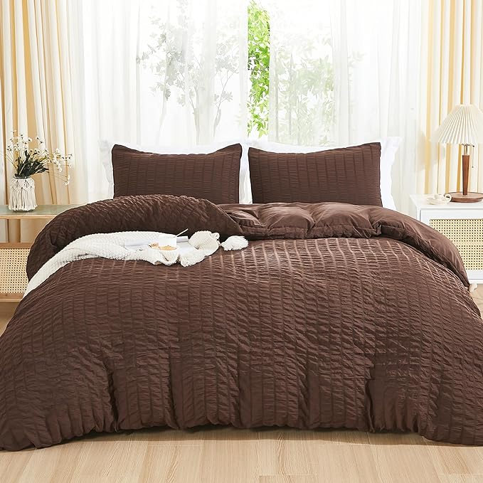 AveLom Brown Duvet Cover Cal King, 3 Pieces, Seersucker Striped Soft Washed by AveLom