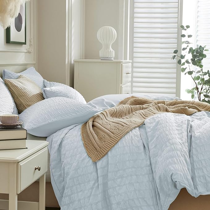 JELLYMONI Baby Blue Duvet Cover Twin Size, Soft Breathable Seersucker Duvet - Image 7