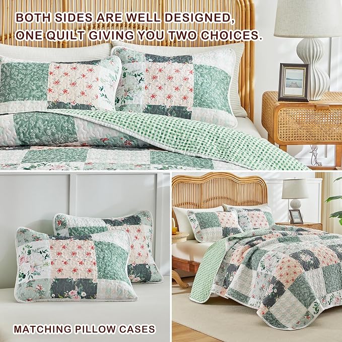Joyreap 3 Pieces Floral Patchwork Quilt Set King, Soft n Cozy Microfiber Quilt - Image 5