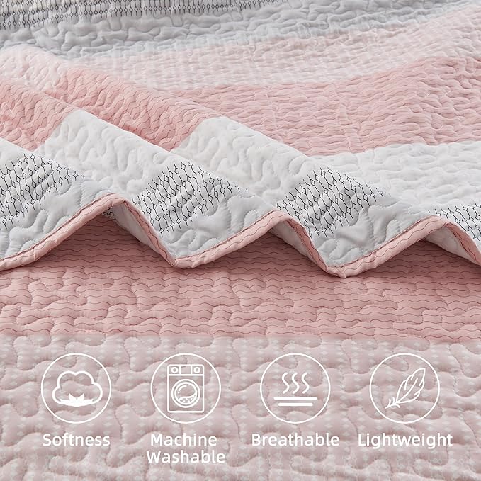 Andency Pink Quilt Cal King, 3 Pieces Patchwork Striped Bedspread Coverlet Set - Image 5