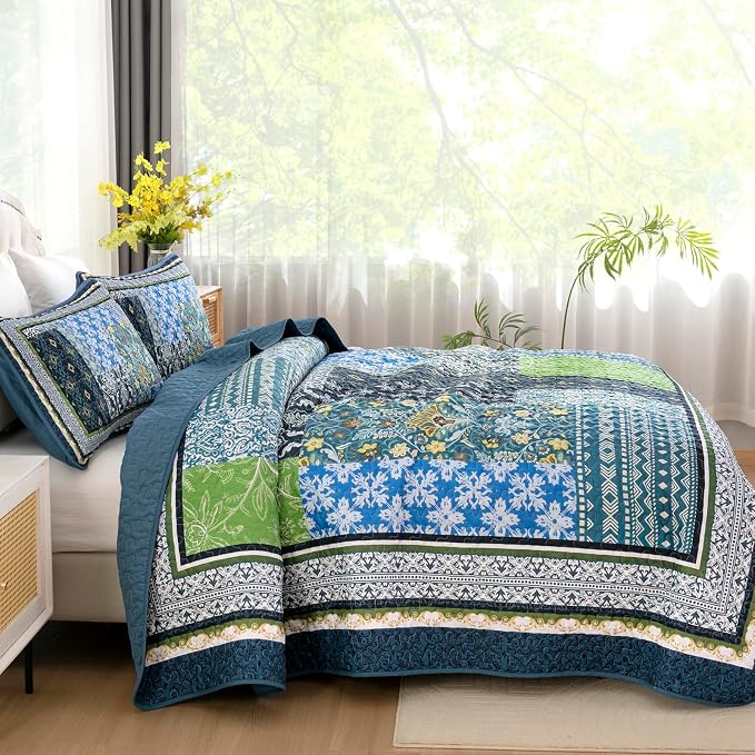 WONGS BEDDING Boho Quilt Queen, 3 Pieces Teal Patchwork Quilt Soft Coverlet - Image 3