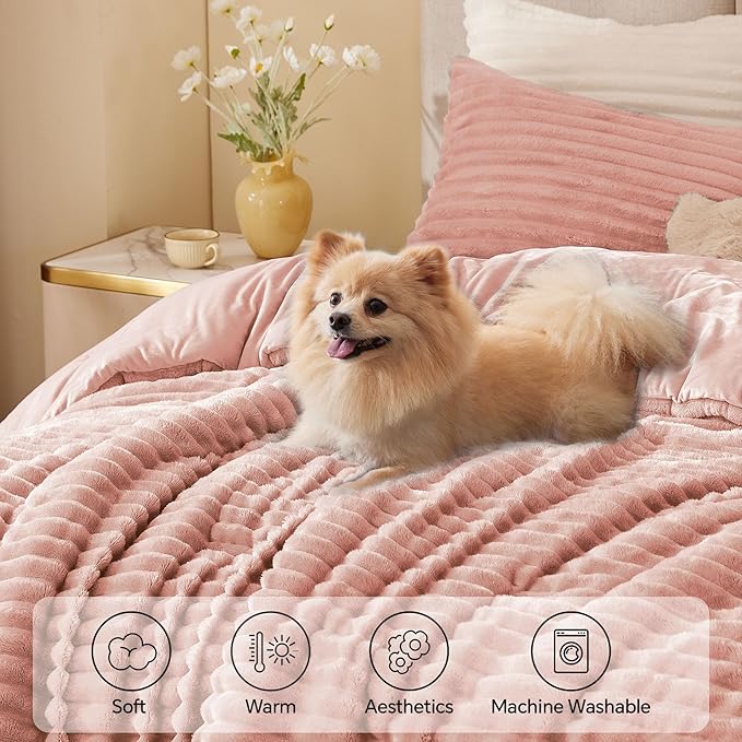BEDELITE Fleece Full Comforter Set -Super Soft & Warm Fluffy Dusty Pink Bedding - Image 3