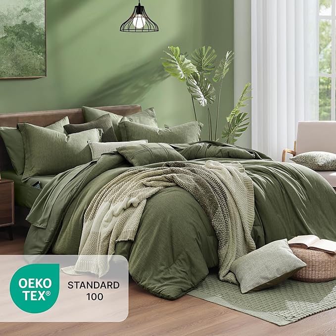 Monbix Twin XL Comforter Set Olive Green, Cationic Dyeing Bedding Set - Image 5
