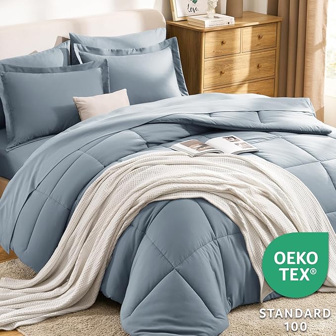 CozyLux Oversized Queen Comforter Sets Grayish Blue, 7 Pieces Bed in a Bag - Image 3