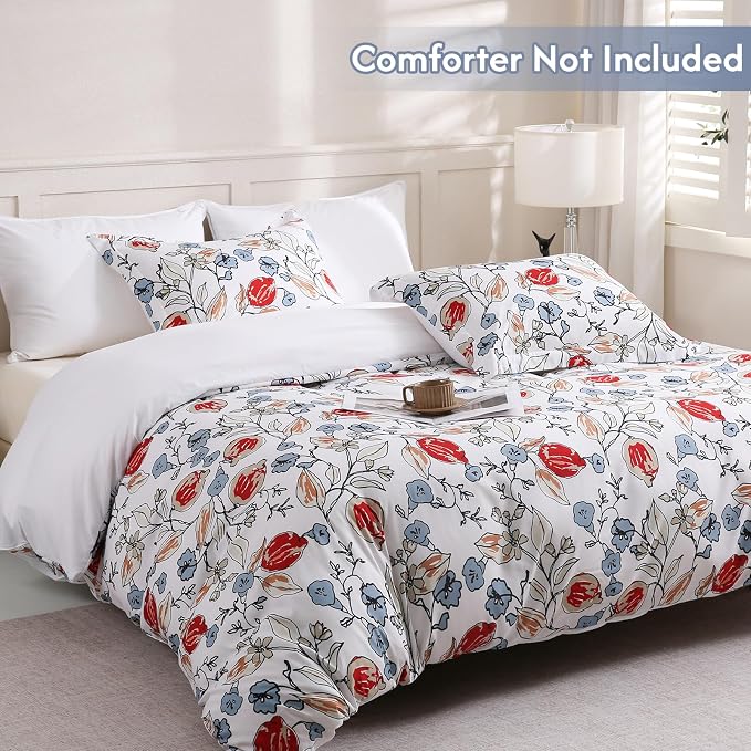 LONAVA Queen Flower 3 Pcs Duvet Cover Set, Breathable Soft Microfiber White - Image 2