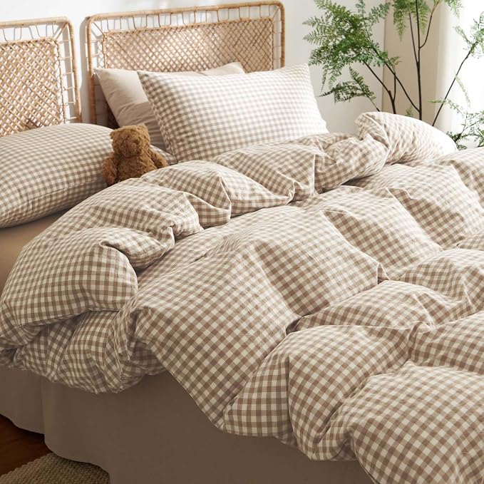 Nayoroom Gingham Duvet Cover Full Size 100% Washed Cotton Brown Tan Plaid - Image 2