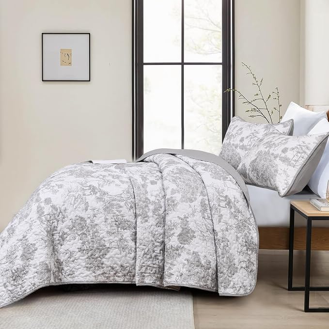 WONGS BEDDING Grey Quilt Set Full Size, 3 Pieces Botanical Bedspreads Set - Image 3