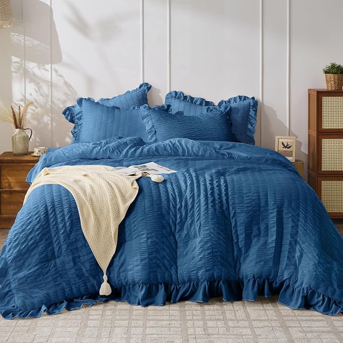 JOLLYVOGUE Teal King Comforter Set, 3 Pieces Seersucker Comforters King Size by JOLLYVOGUE