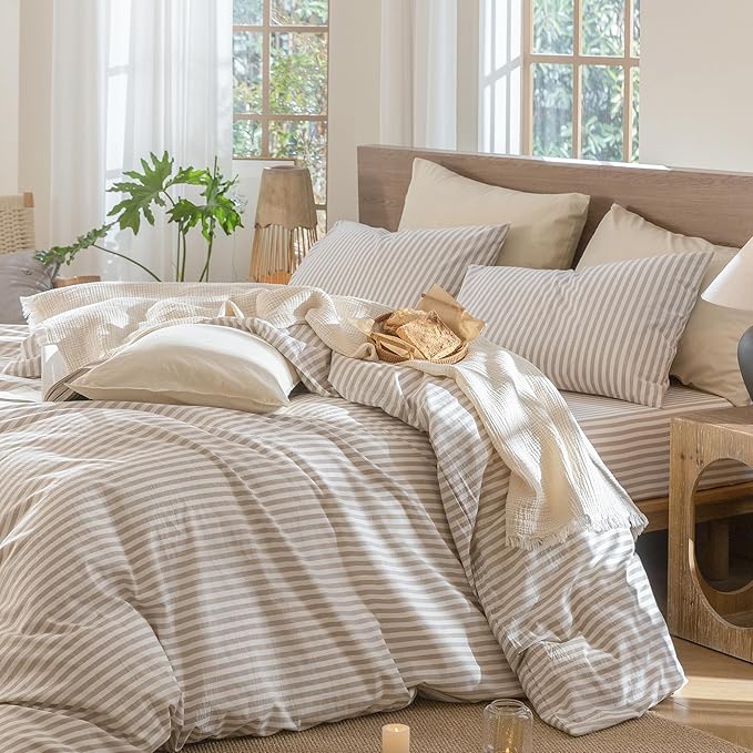 MooMee Striped Duvet Cover Set 100% Washed Cotton Linen Like Textured - Image 3