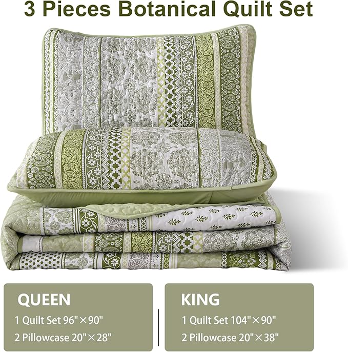 WONGS BEDDING Boho Quilt Set Queen Size, Sage Green Bohemian 3 Pieces Quilt Sets - Image 7