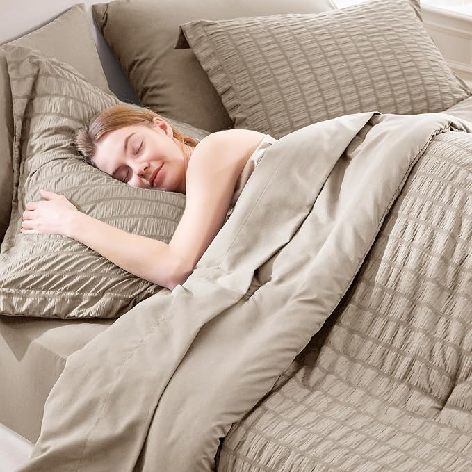 CozyLux Queen Comforter Set Khaki Seersucker 7 Pieces Bed in a Bag Queen - Image 5