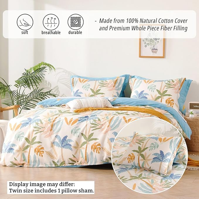 LEMIROE Tropical Coastal Blue Cotton Comforter Twin Size 2Pcs - Image 2