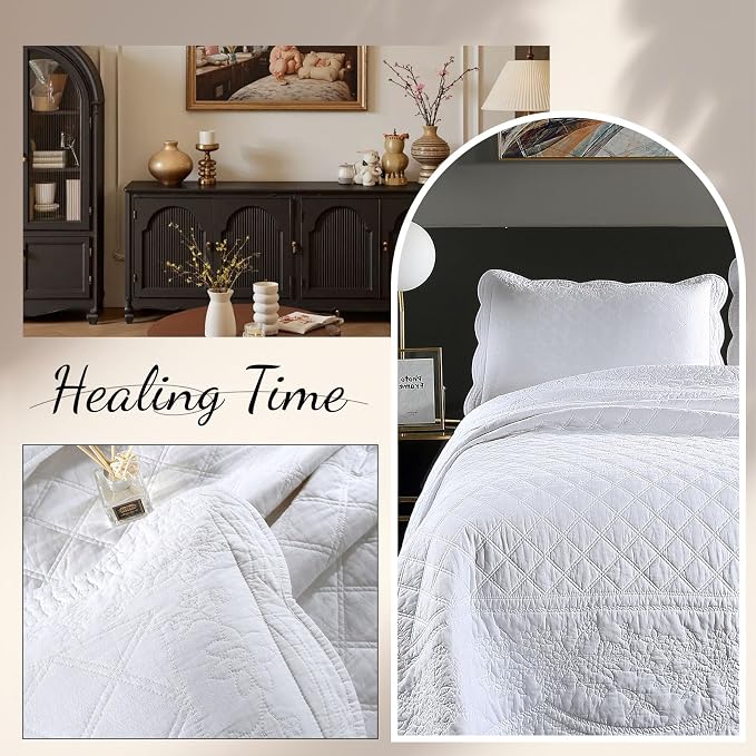 ROOMLIFE Quilt Set King Size 3D Floral Embroidery Pattern 3-Piece Cotton - Image 6