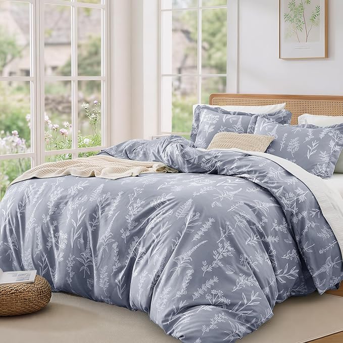 MUXHOMO Duvet Cover King Size, Reversible Floral Grey Duvet Cover Set - Image 9