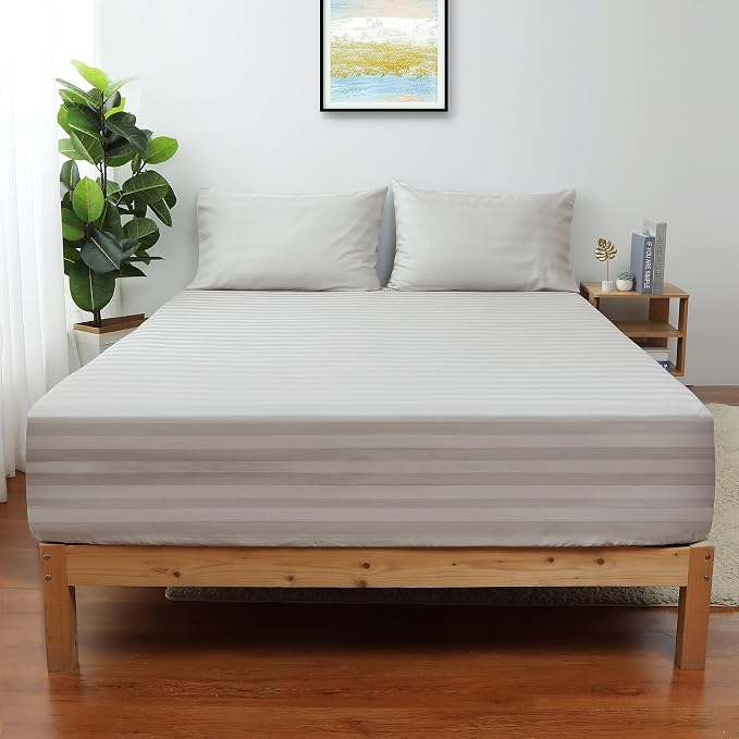 King Size Striped Fitted Sheet Only Light Beige Color, 100% Egyptian Cotton 600 by ShunjieHome
