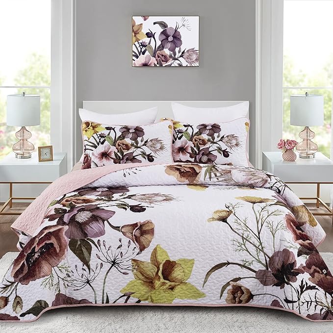 Drucon Floral Quilt Set Queen 3 Pieces Boho Blush Quilt Coverlet Set Soft by DRUCON