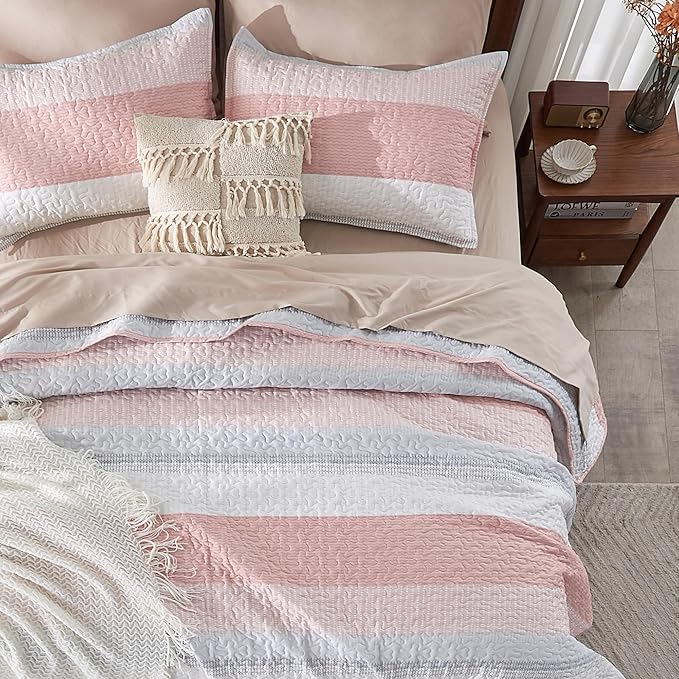 Andency Pink Quilt Cal King, 3 Pieces Patchwork Striped Bedspread Coverlet Set - Image 6