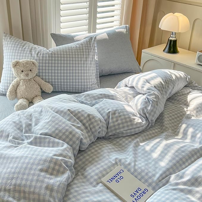 mixinni Light Blue Gingham Duvet Cover Set Twin XL Size - Image 4