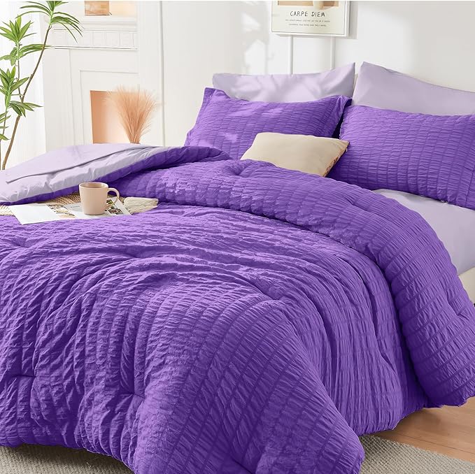 HYMOKEGE Dark Purple/Lavender Full Size Comforter Sets Seersucker 7 Pieces by HYMOKEGE