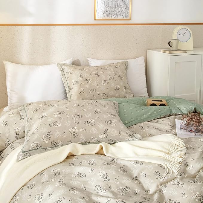 mixinni Duvet Cover Set Floral King Size Soft Cotton Bedding Flower Green by mixinni
