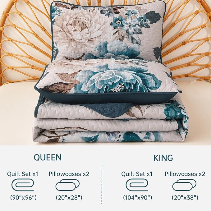WONGS BEDDING Aqua Floral Quilt Set King, 3 Pieces Reversible Lightweight - Image 7