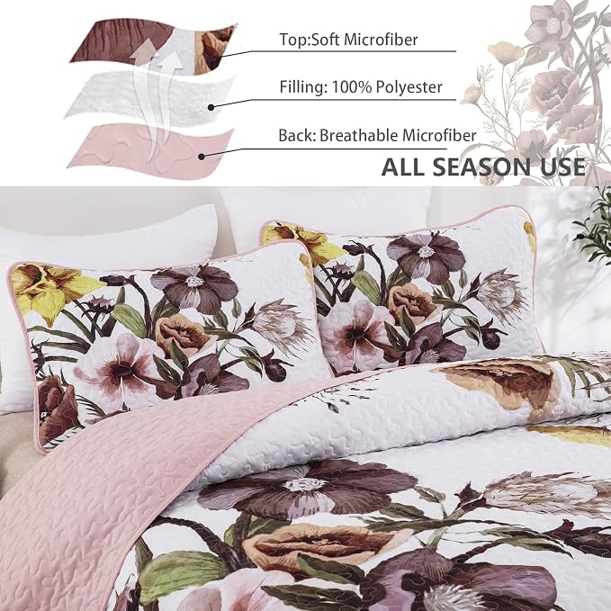 Drucon Floral Quilt Set Twin 2 Pieces Boho Blush Floral Quilt Coverlet Set Soft - Image 4