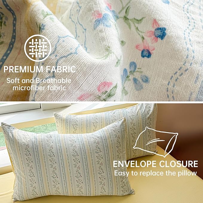 BOLINLIVING Vintage Floral Duvet Cover Twin Size, Kids Girls Blue Striped - Image 5
