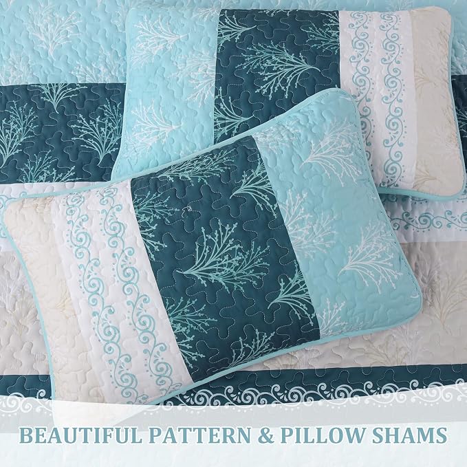 DJY Quilt Set Queen Size Light Blue Boho Striped Floral Bedspread Coverlet Set - Image 6